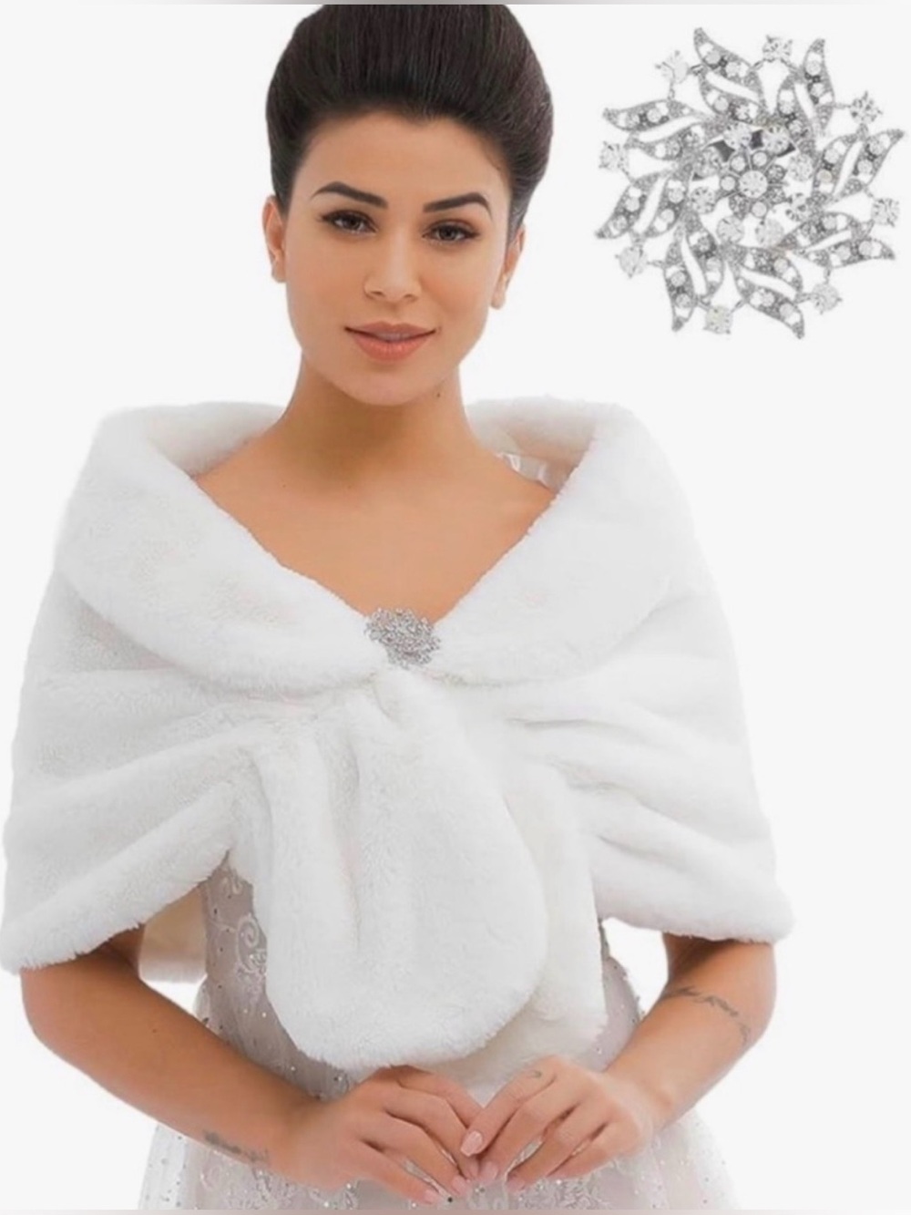 White Faux Fur Stole Shawl With Detachable Rhinestone Brooch Pin